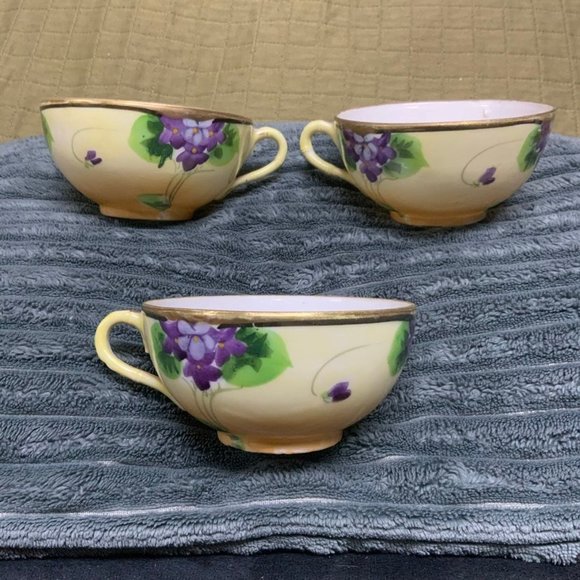 Set of 3 Tea Cups Yellow with Purple Flowers and Gold Rim - Picture 1 of 6